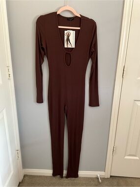 naked wardrobe Brown Long-Sleeve Scoop-Neck Jumpsuit